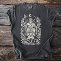Dark gray t-shirt with a cream-colored mythological illustration of Hades on a throne.