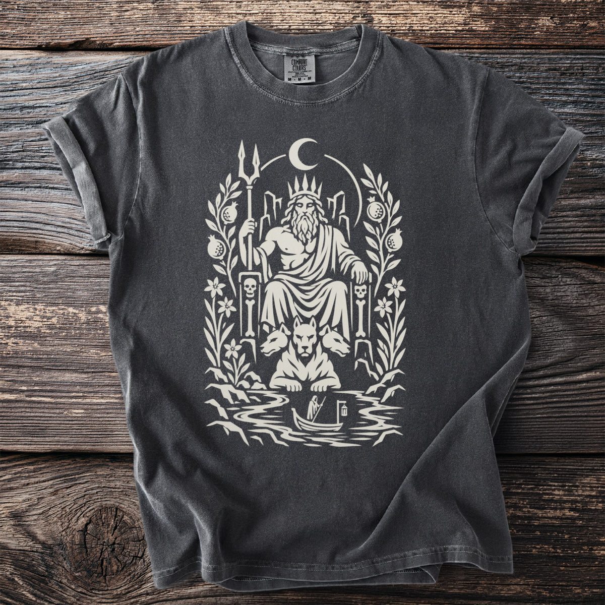 Dark gray t-shirt with a cream-colored mythological illustration of Hades on a throne.