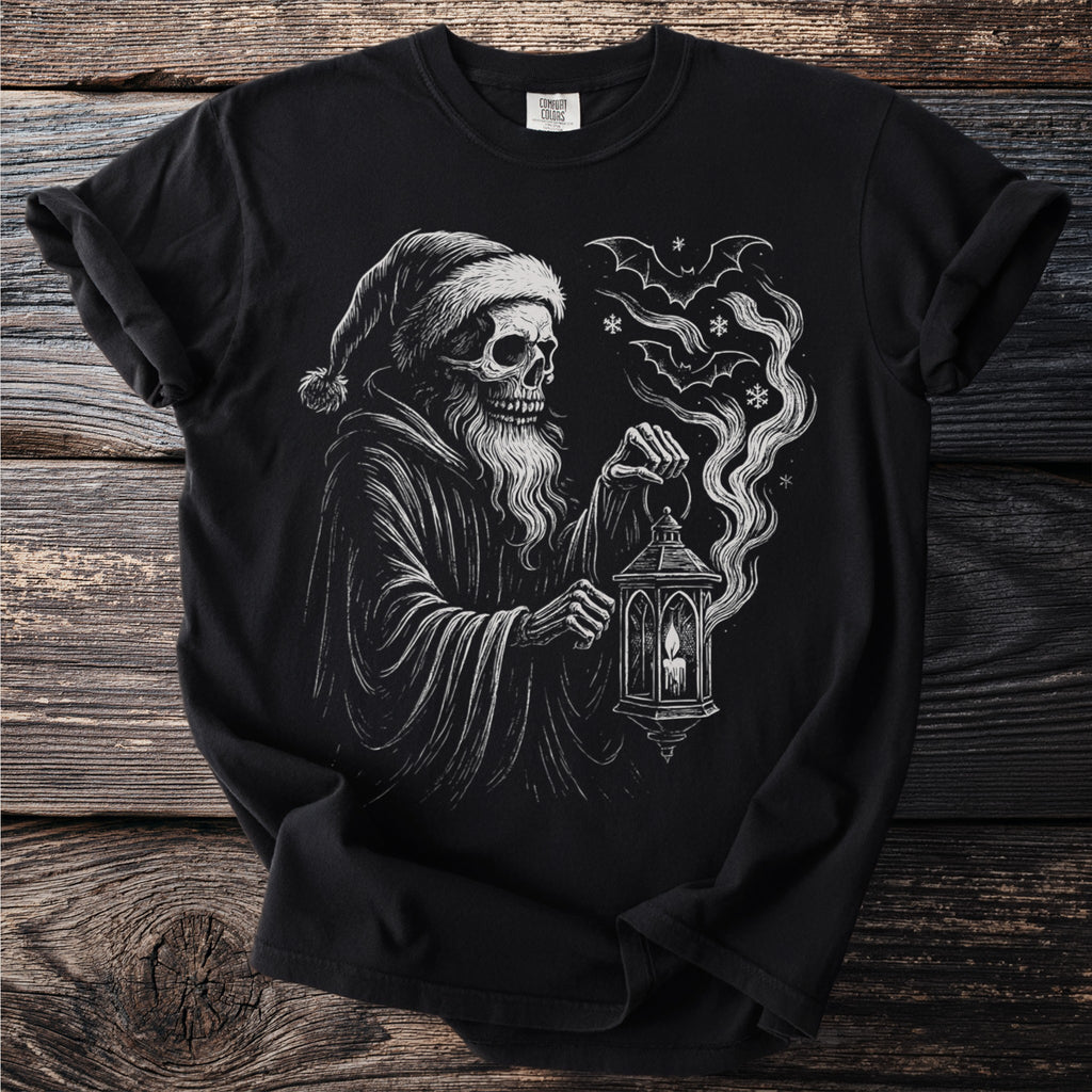 Grim Reaper with Santa hat holding a lantern with bats and snowflakes.