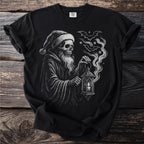 Grim Reaper with Santa hat holding a lantern with bats and snowflakes.
