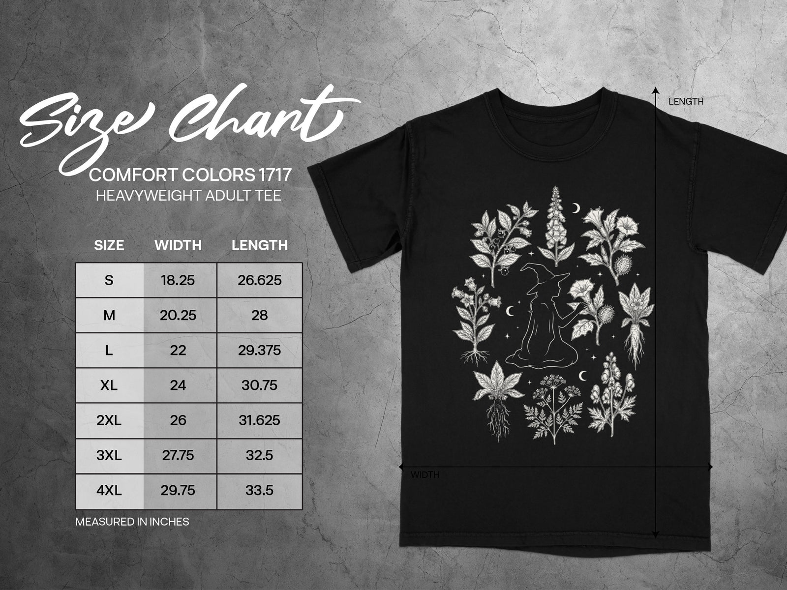 Comfort Colors 1717 heavyweight adult tee size chart with width and length measurements.
