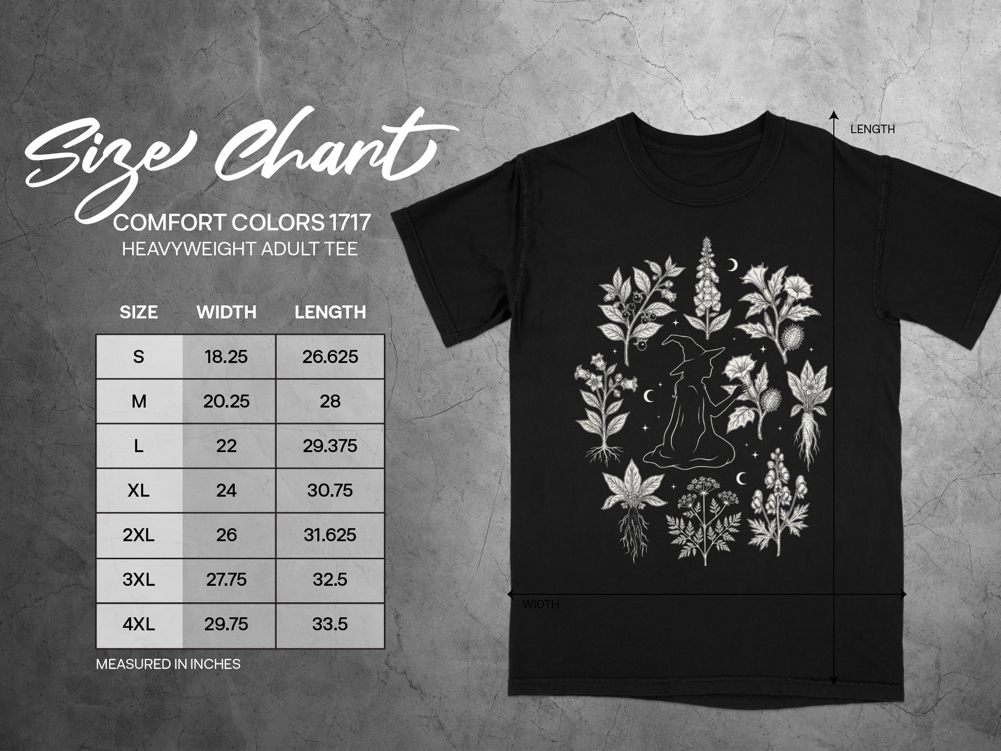 Comfort Colors 1717 heavyweight adult tee size chart with width and length measurements.