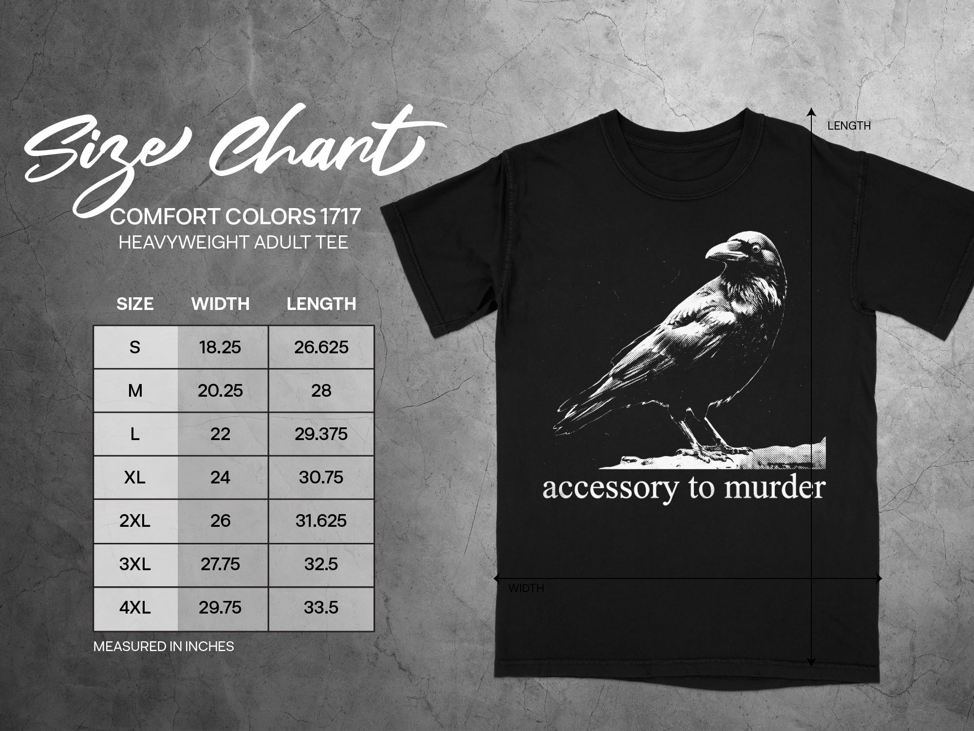 Black t-shirt with crow graphic, "accessory to murder" text, and size chart.