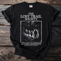 Black t-shirt with "The Lost Trail Society Autumn Expedition" graphic.