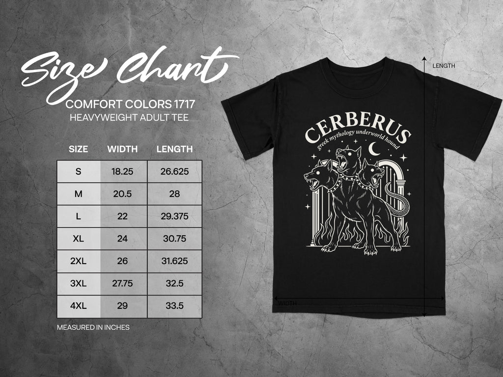 Comfort Colors 1717 garment size chart in inches.