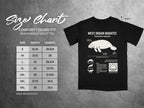 Comfort Colors 1717 size chart for adult tees with manatee illustration.