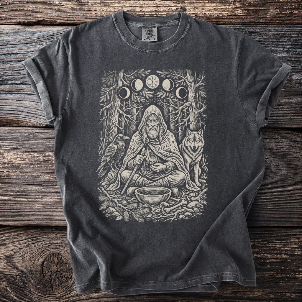 T-shirt with Odin, wolf, raven, runes, moon phases, and Vegvisir emblem.