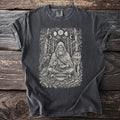 Dark gray t-shirt showing Odin with a wolf, raven, bowl, runes, and moon phases.