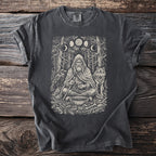 T-shirt with Odin, wolf, raven, runes, moon phases, and Vegvisir emblem.