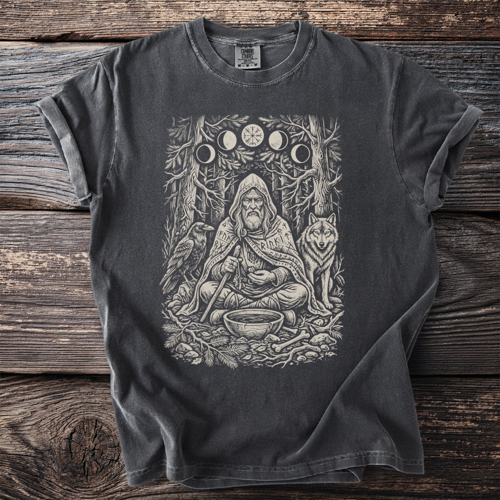 T-shirt with Odin, wolf, raven, runes, moon phases, and Vegvisir emblem.