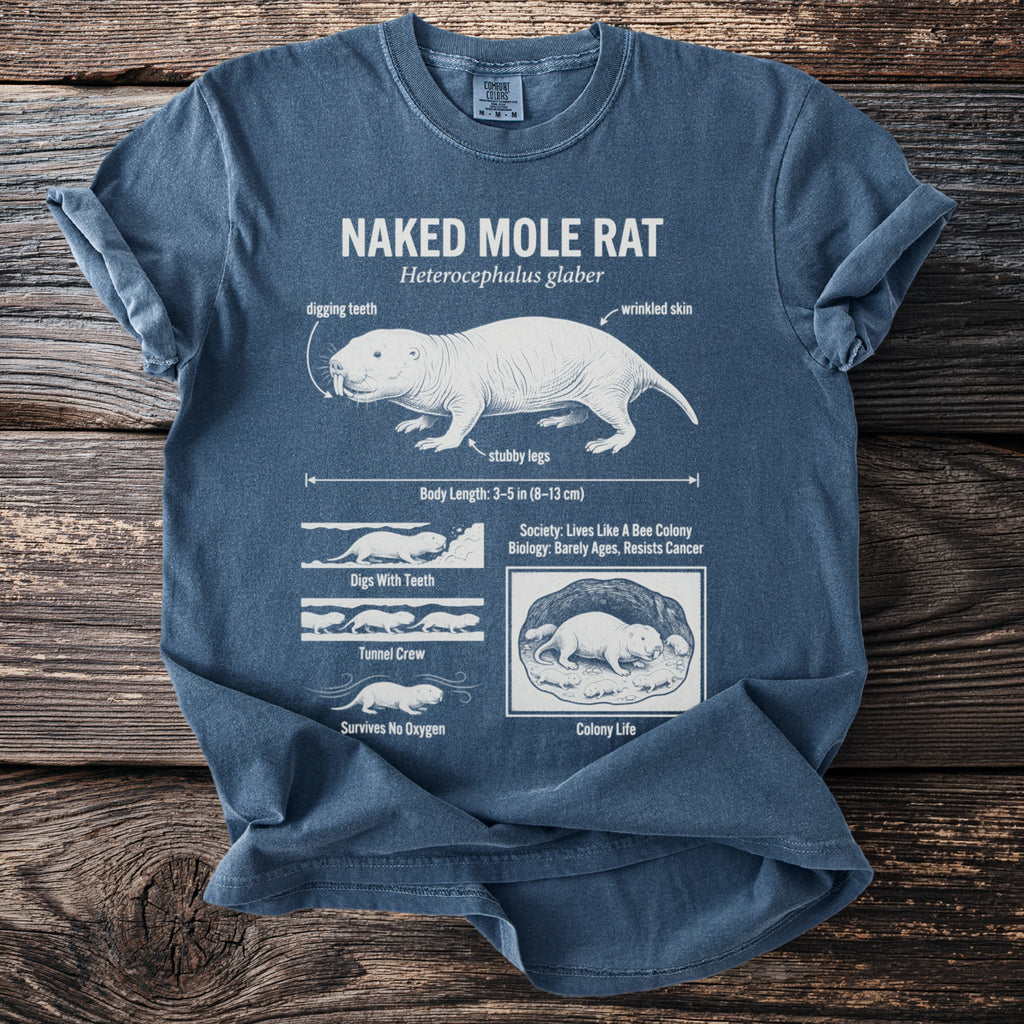 Naked Mole Rat Heterocephalus glaber graphic with facts about body length, digging, and colony life.