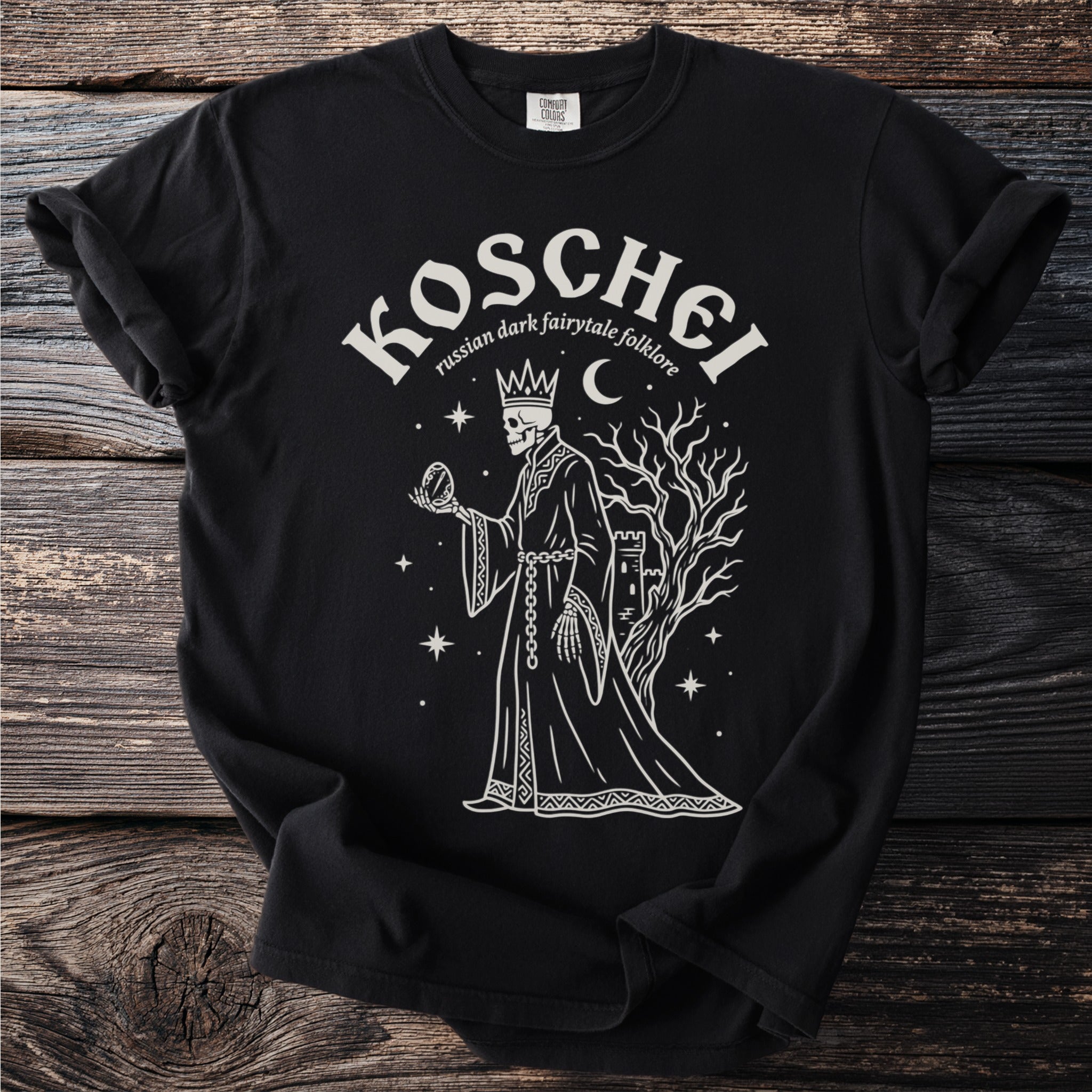 Black t-shirt with Koschei, Russian dark fairytale folklore design.