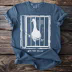 T-shirt with graphic of a goose in a cage and text "got too silly".