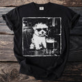 Black t-shirt with a distressed print of a dog in sunglasses smoking and drinking beer.