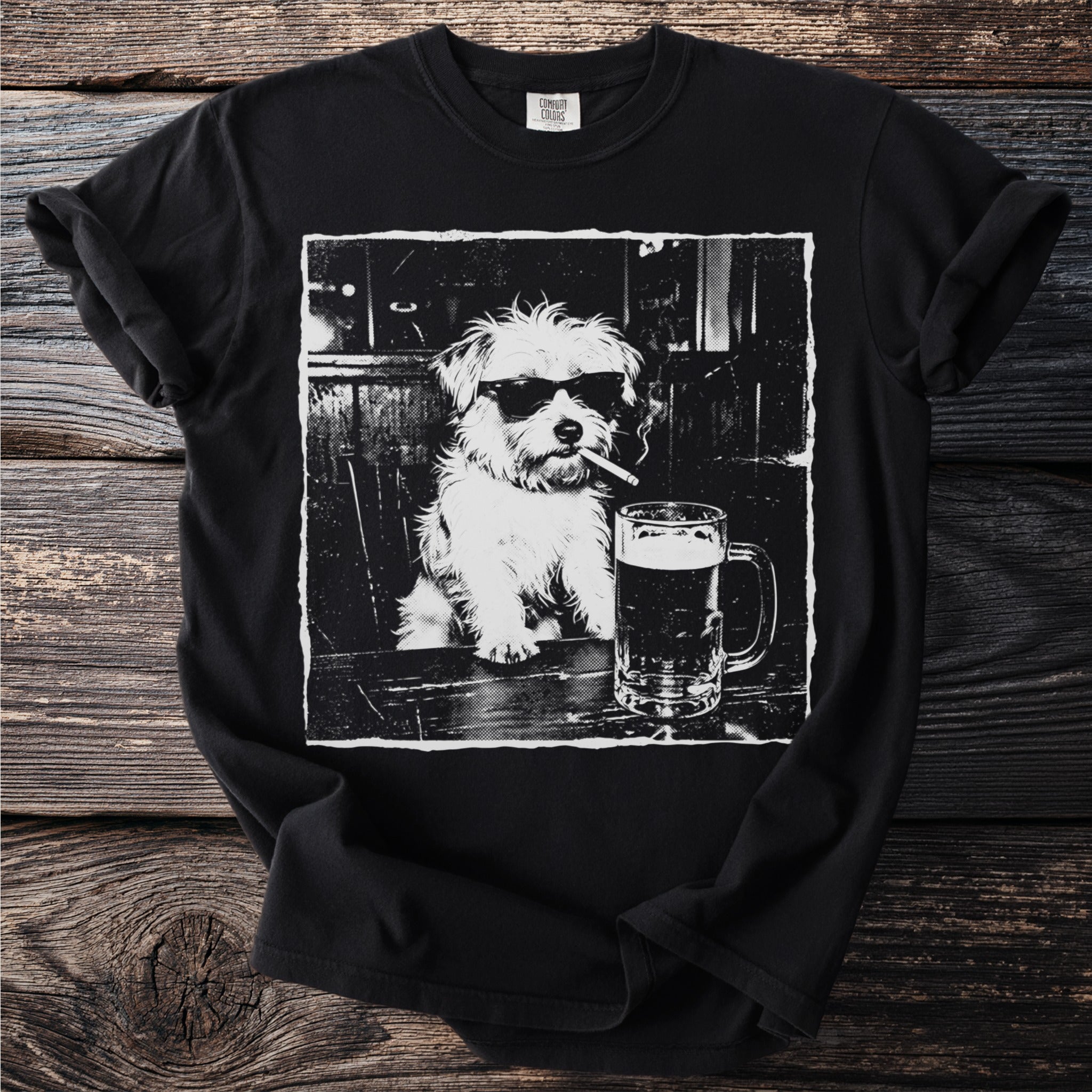 Black t-shirt with a distressed print of a dog in sunglasses smoking and drinking beer.
