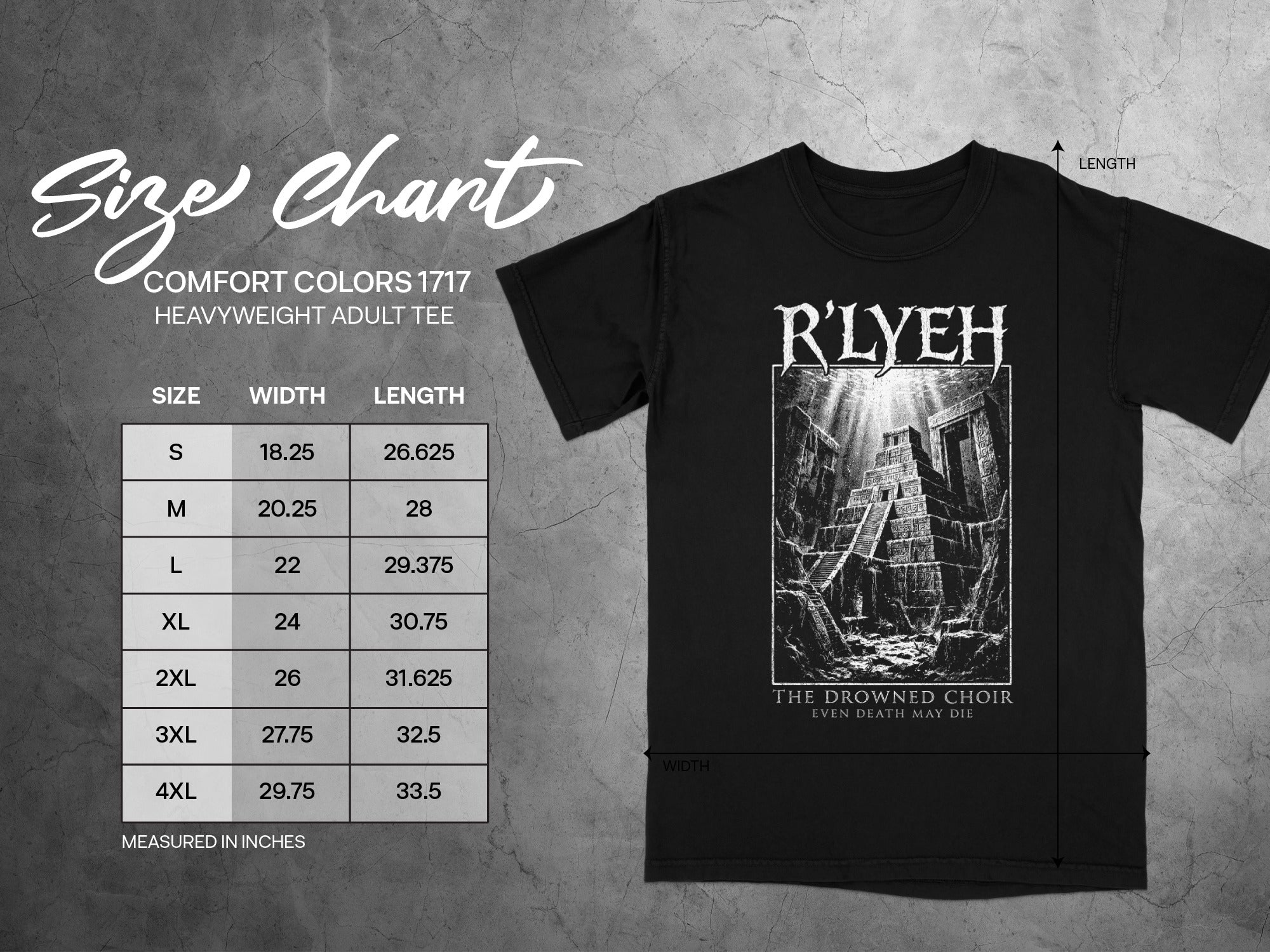 Comfort Colors 1717 heavyweight adult tee size chart with measurements for width and length.