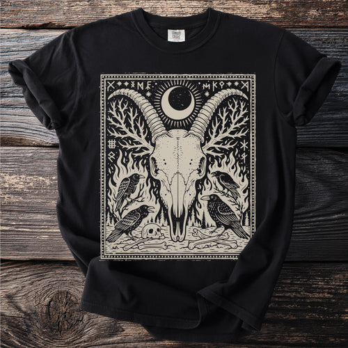 Black t-shirt featuring a print of a ram skull, crows, and runes within a border.