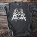 Dark t-shirt with a white graphic of a ghostly figure making a heart shape with its hands.