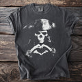 Dark t-shirt with distressed white pirate skull, anchor earring, and heart hands graphic.