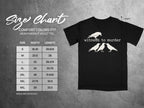 Black t-shirt with "witness to murder" and crows graphic, size chart included.