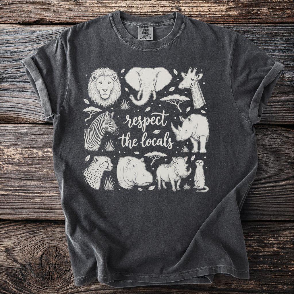 T-shirt featuring a line drawing of African animals and the text "respect the locals"