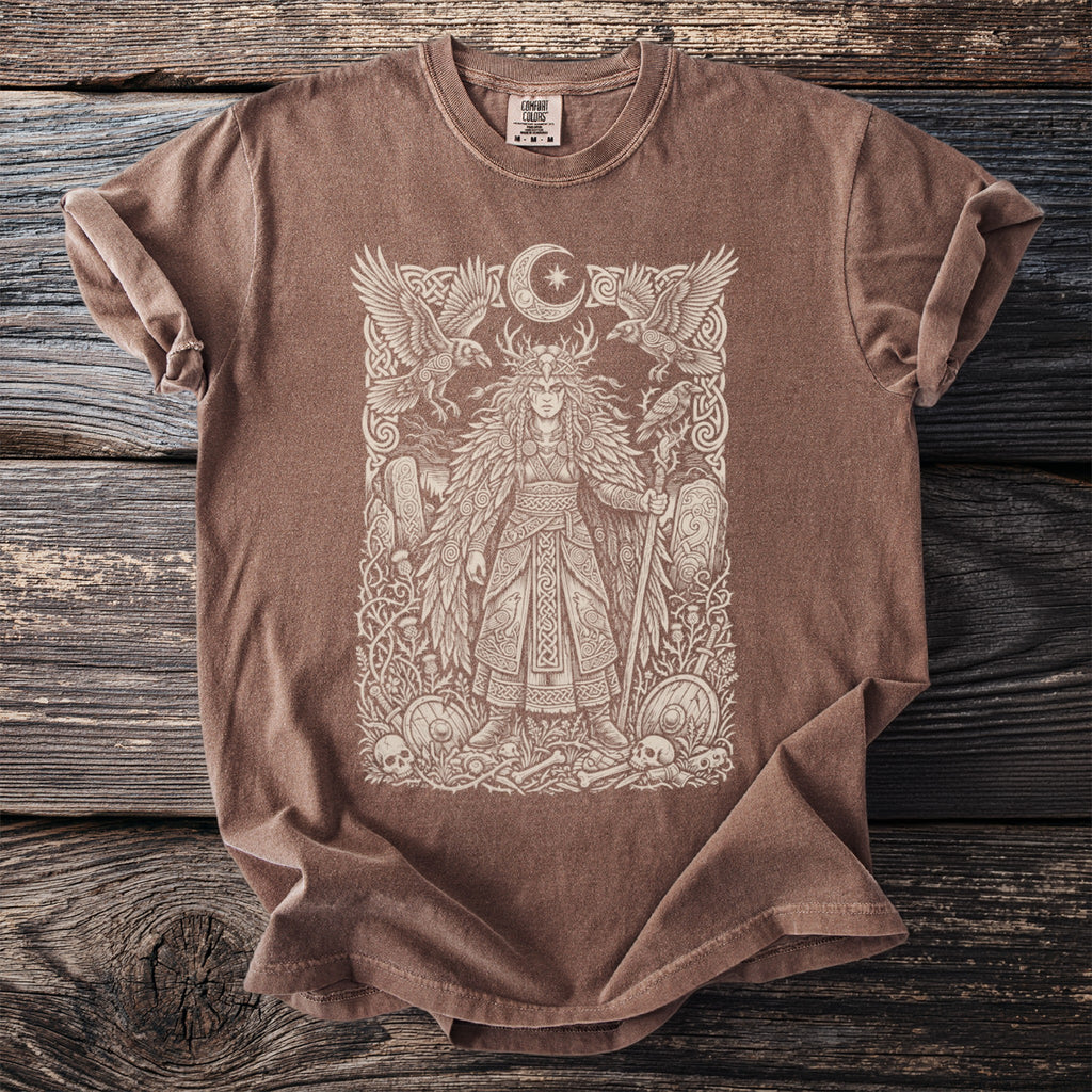 Brown t-shirt with a cream ink graphic of a warrior, ravens, and moon.