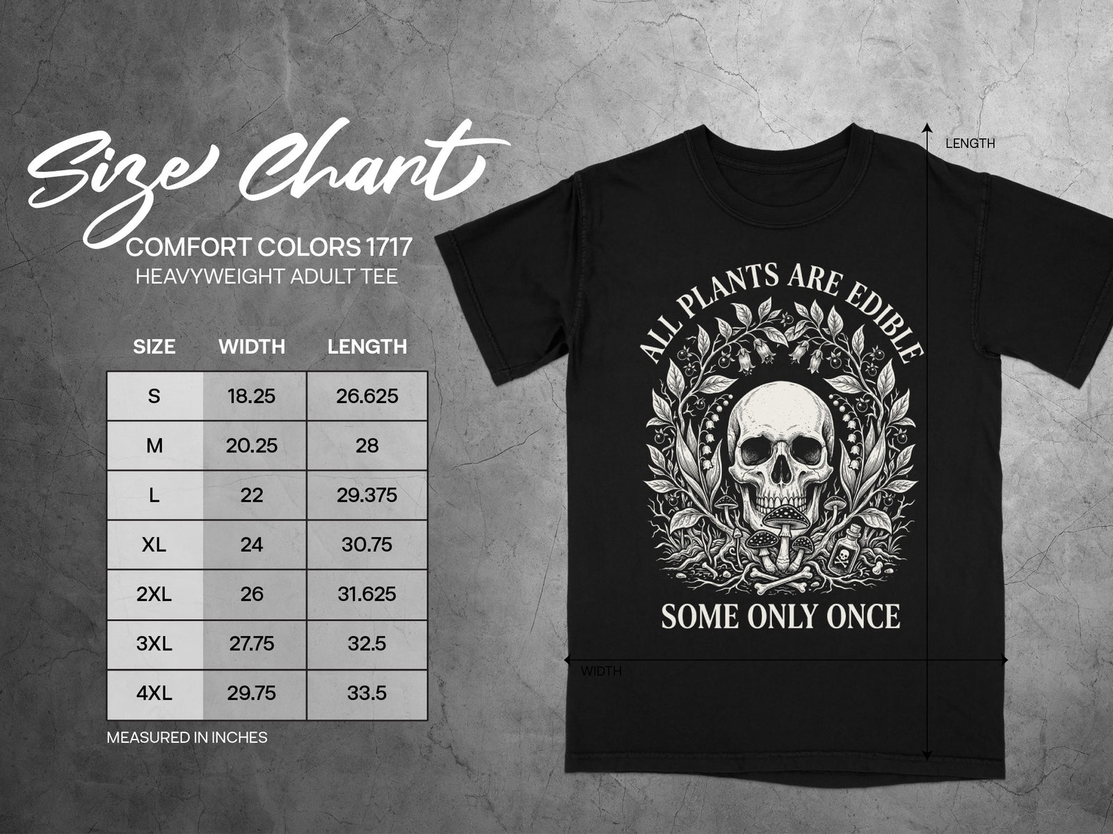 Black t-shirt with skull and "All Plants Are Edible" graphic and size chart.