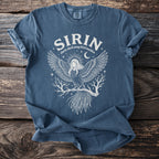 Blue t-shirt with white Sirin Slavic dark song bird maiden graphic and a crescent moon.
