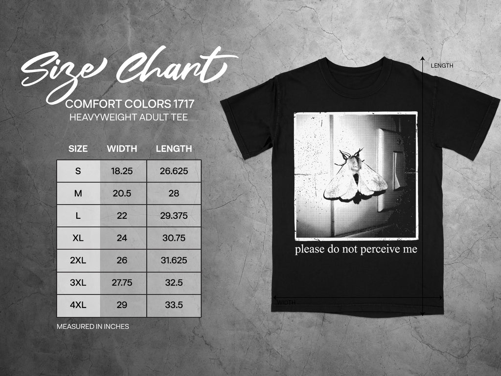 Comfort Colors 1717 garment size chart in inches.