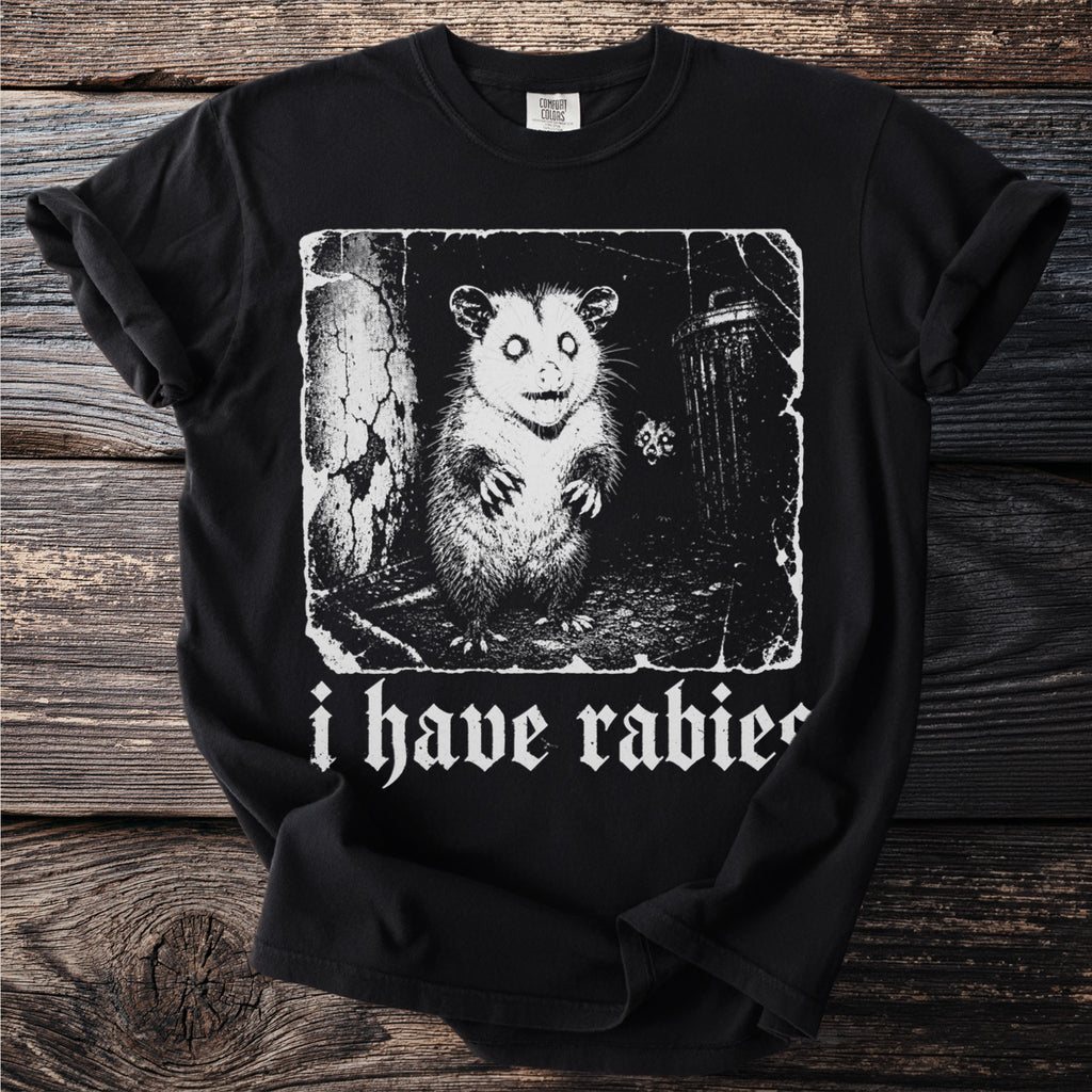 Black t-shirt with white graphic of a possum and text "i have rabies".