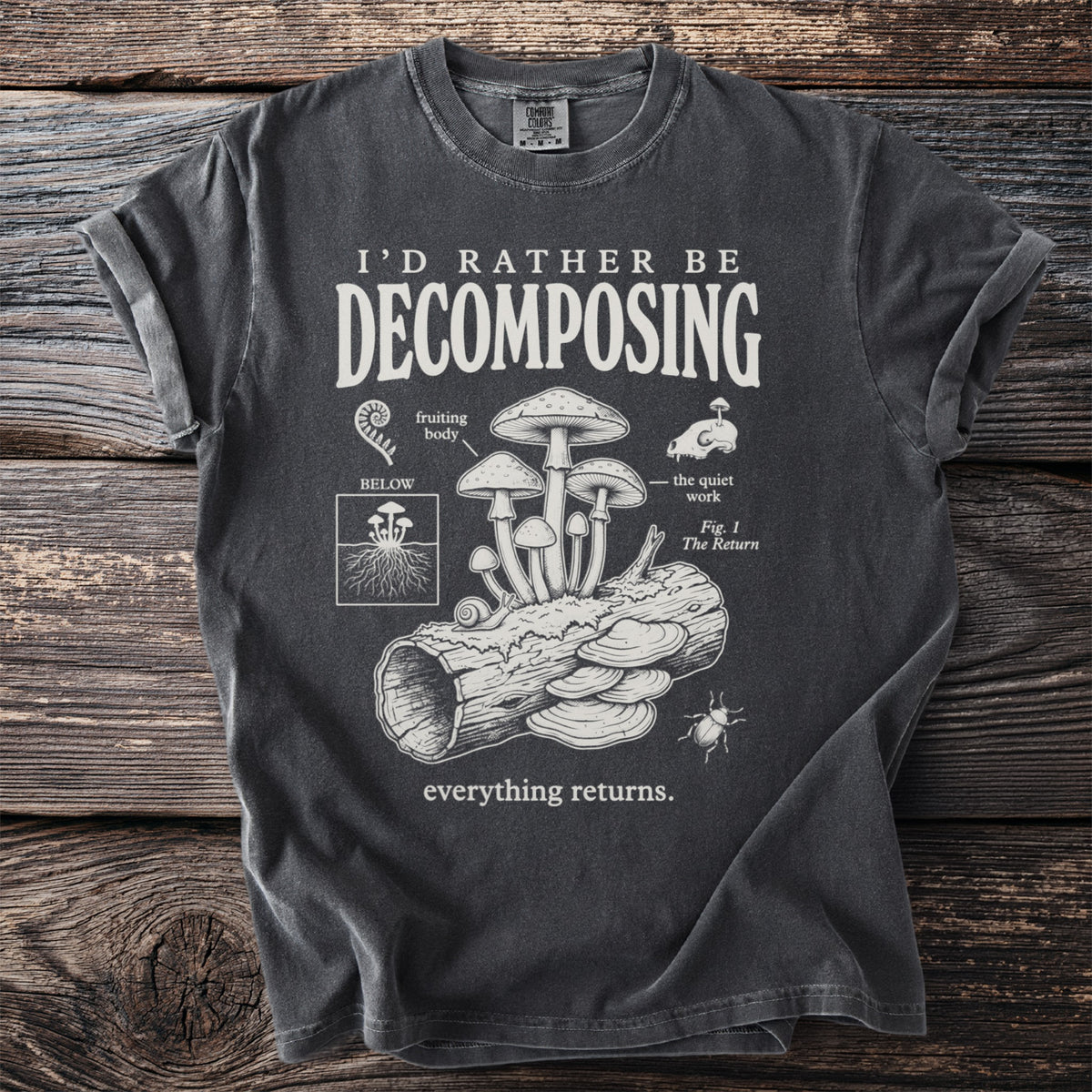 Dark grey t-shirt with "I'd Rather Be Decomposing" text and mushroom illustration.