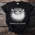Black t-shirt with a pufferfish graphic that reads "stressed and inflated".