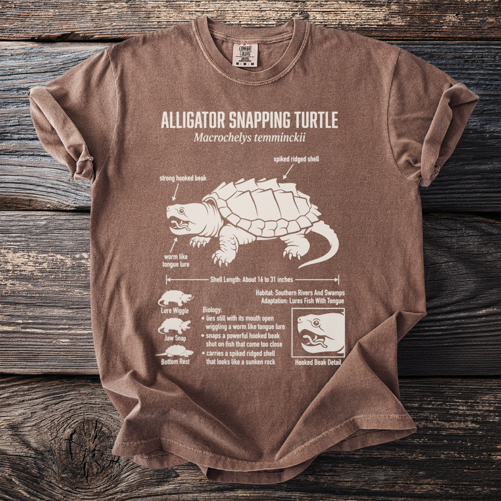 Brown t-shirt featuring an anatomical illustration and facts about the Alligator Snapping Turtle.
