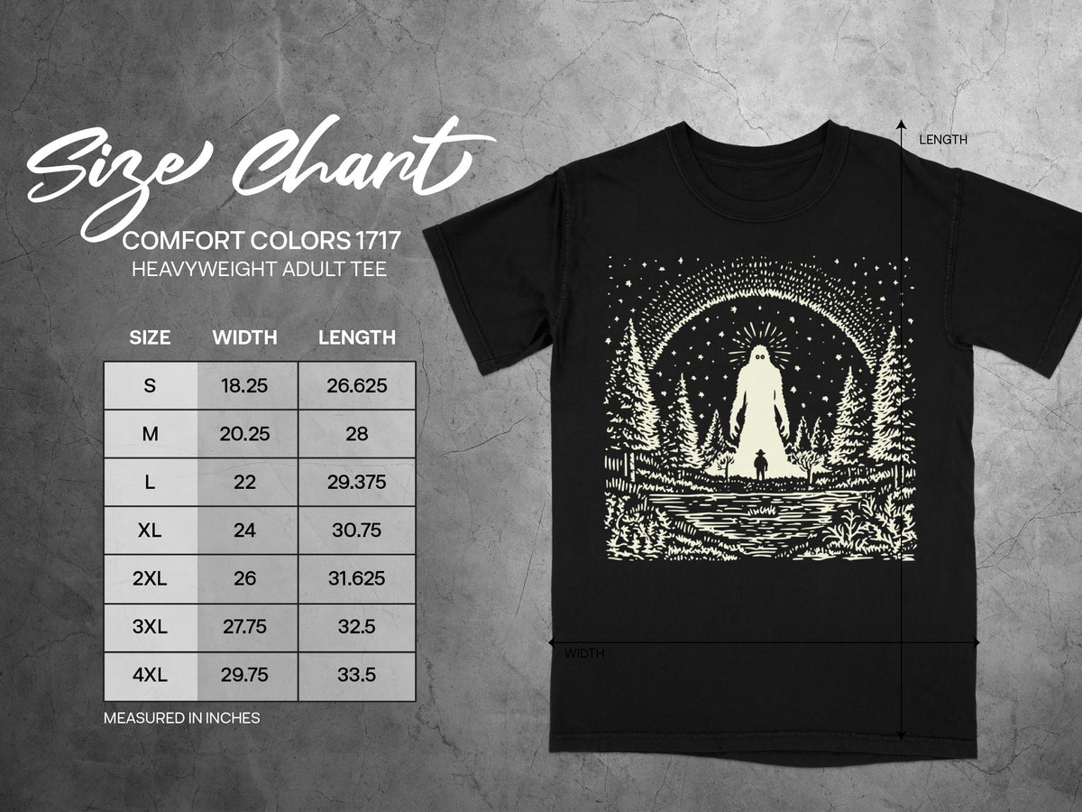 Comfort Colors 1717 heavyweight adult tee size chart with width and length measurements in inches.