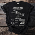 American Crow diagram with anatomy, traits, and corvid skull on black t-shirt.