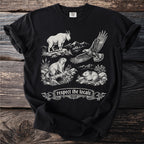 Black t-shirt with illustration of goat, marmot, hamster, and eagle, with text "respect the locals".