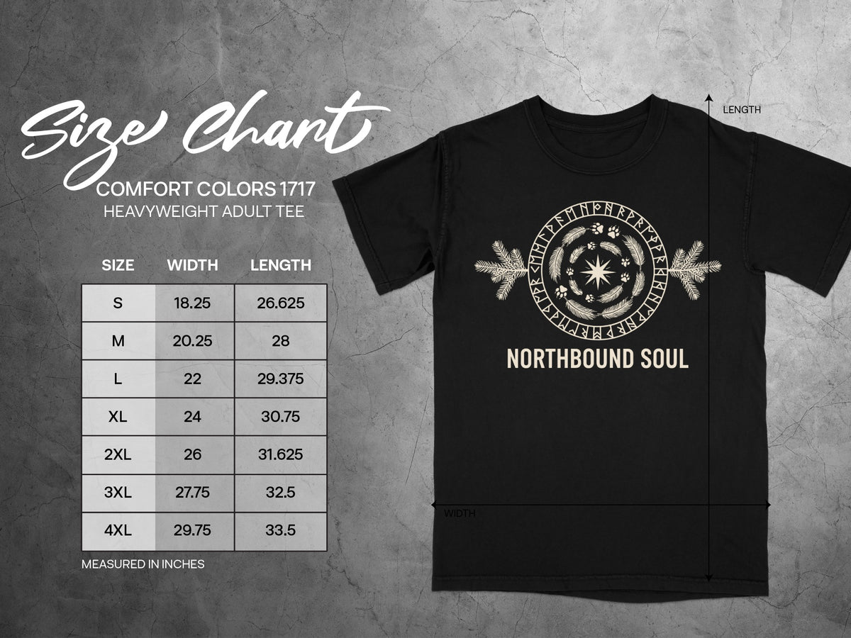 Comfort Colors 1717 heavyweight adult tee size chart with measurements in inches.