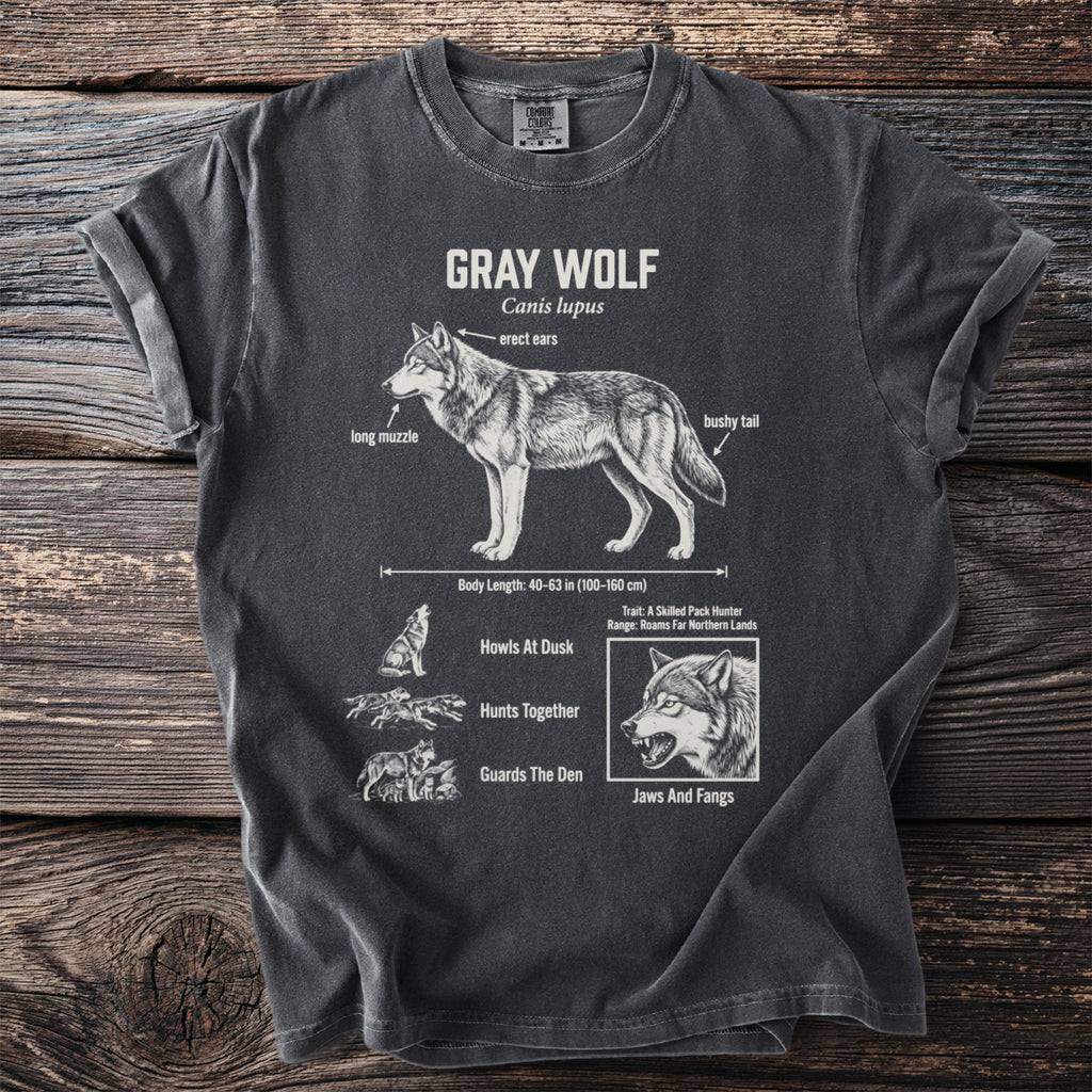 Gray Wolf shirt with illustrations of wolf anatomy, pack hunting, and roaring snout.