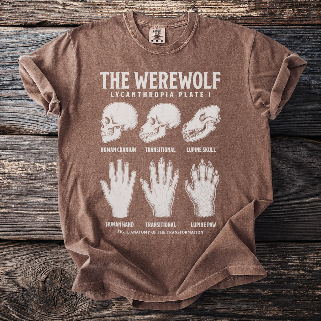 Brown t-shirt with "The Werewolf Lycanthropia Plate I" and anatomical werewolf transformation graphics.