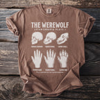 Brown t-shirt with "The Werewolf Lycanthropia Plate I" and anatomical werewolf transformation graphics.