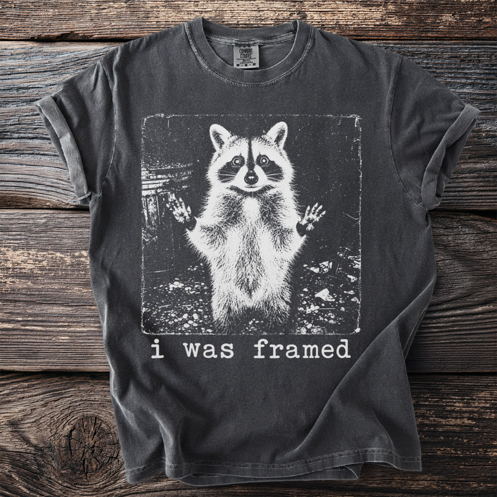 Black t-shirt with a graphic of a raccoon and the text "i was framed".
