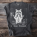 Black t-shirt with a graphic of a raccoon and the text "i was framed".