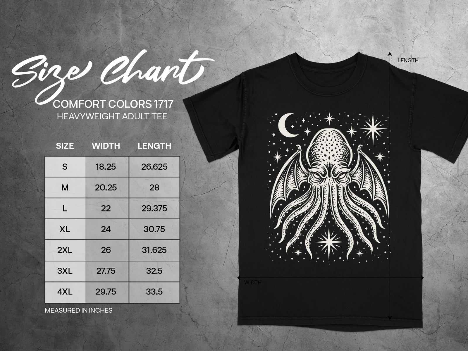 Comfort Colors 1717 heavyweight adult tee size chart with octopus graphic.