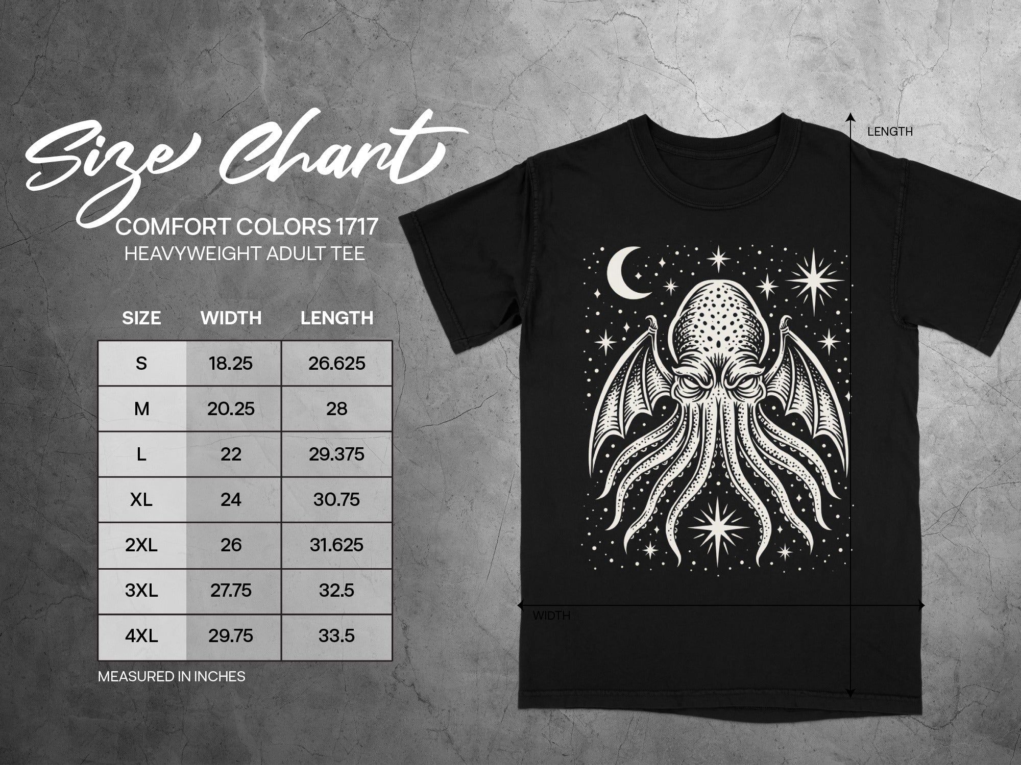Comfort Colors 1717 heavyweight adult tee size chart with octopus graphic.
