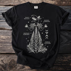 Black t-shirt with white line art of a witch and botanical illustrations with labels: Taxus Baccata, Digitalis Purpurea, Ricinus Communis, Nerium Oleander.