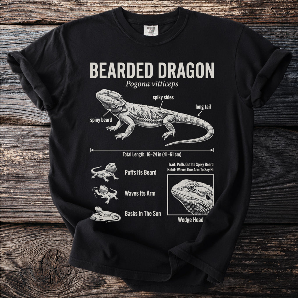 Black t-shirt with a diagram of a bearded dragon and its features.