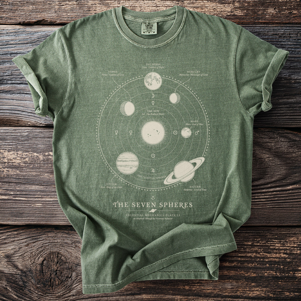 Green t-shirt with celestial spheres diagram detailing the sun, moon, planets, and their mythological associations.