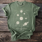 Green t-shirt with celestial spheres diagram detailing the sun, moon, planets, and their mythological associations.