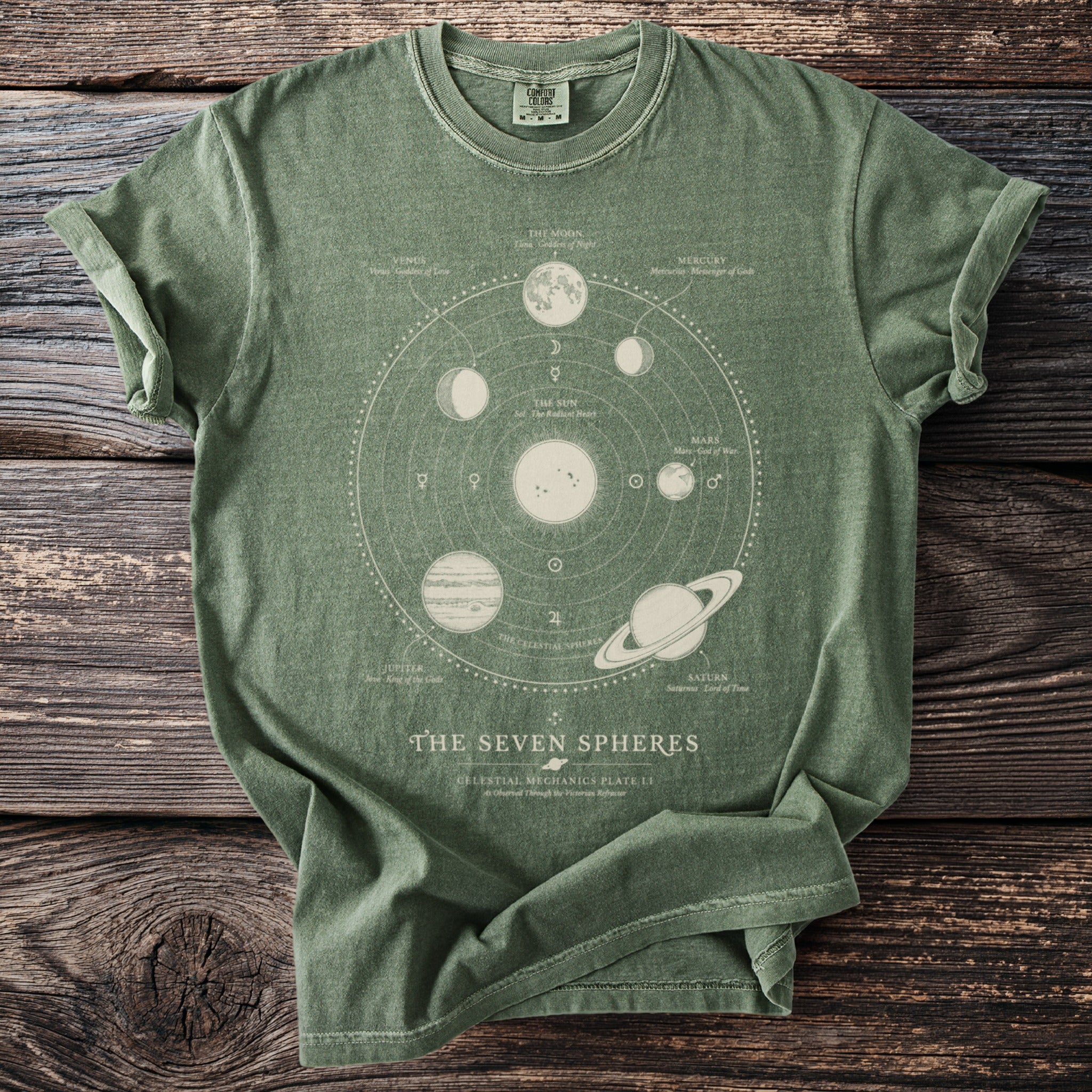 Green t-shirt with celestial spheres diagram detailing the sun, moon, planets, and their mythological associations.