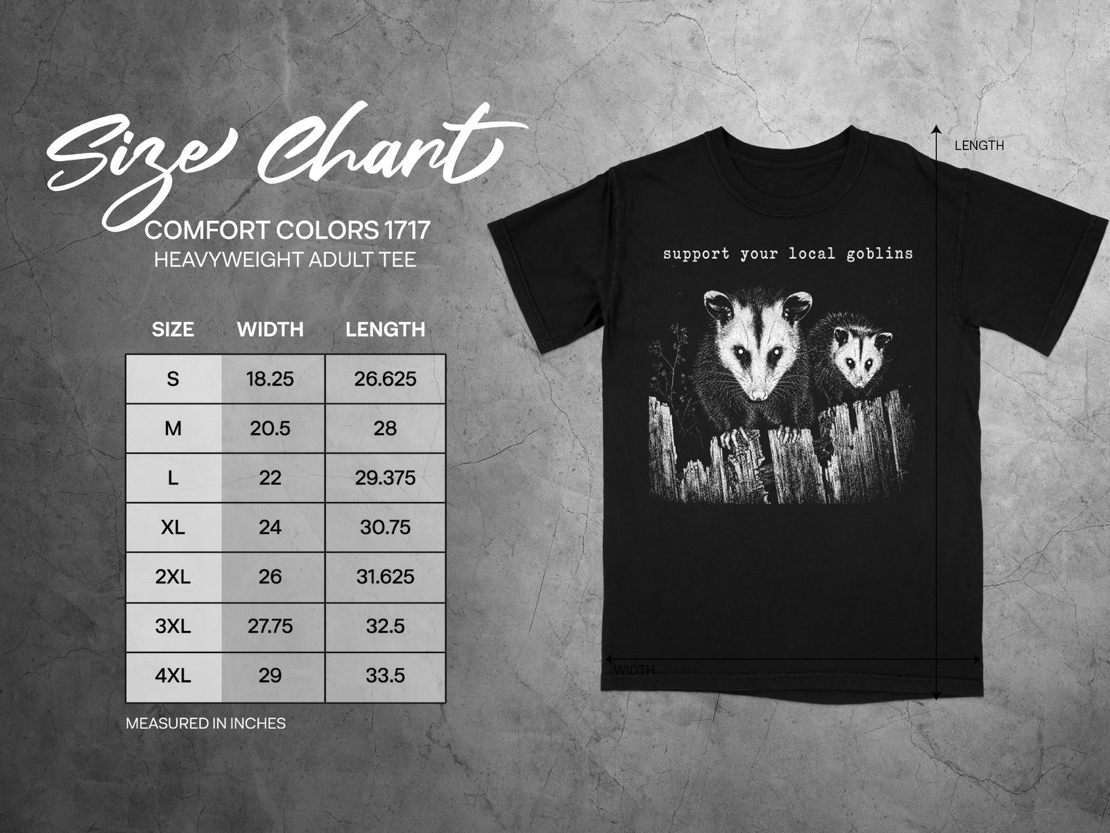 Black t-shirt with opossums and text "support your local goblins", with a size chart.